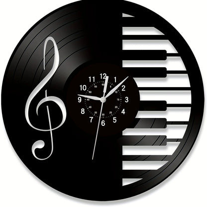Luminous hands of the black vinyl wall clock at night